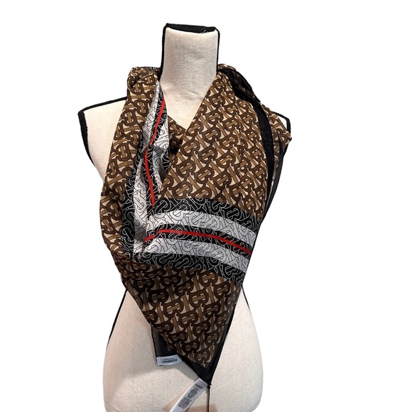 NEW Burberry TB Monogram Bridle Brown Silk Scarf - Picture 5 of 6